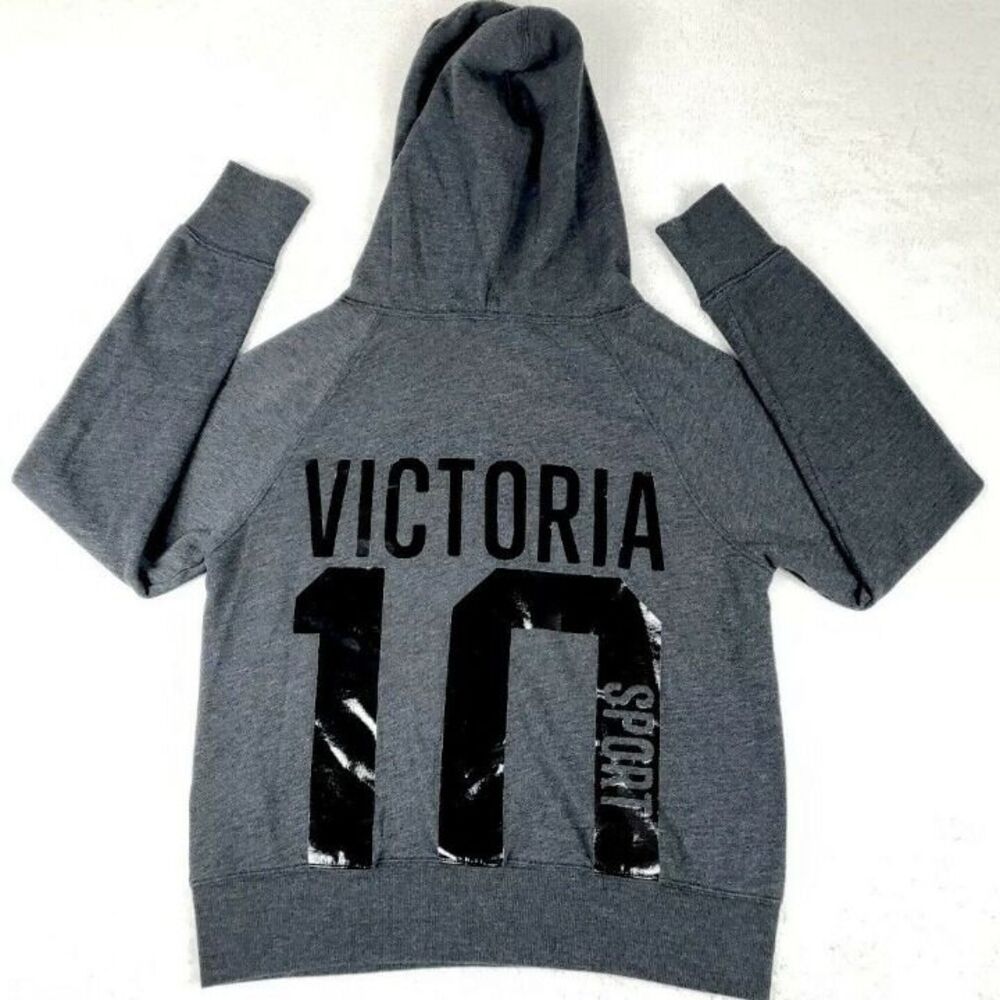 Victorias Secret Sport Pullover Hoodie M Dark Gray Sweatshirt Black Graphic 10
